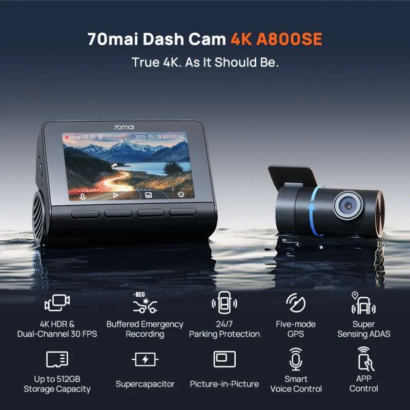 70mai Dash Cam A800SE Set 4K Super Capacitor Battery Voice Control WI-FI 6 Dashcam Mobil Dual Kamera Front Rear - Gambar 2
