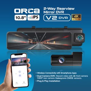 ORCA Dash Cam V2 DVR 10.88" 2K HD Mobile App Playback Feature