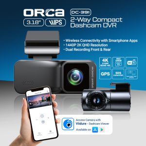 ORCA DC-391 2 Way Compact Dashcam DVR 3.18" inch Display Dual Recording 2K HD Resolution
