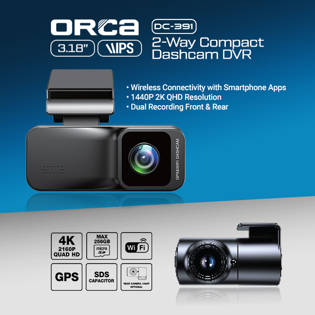 ORCA DC-391 2 Way Compact Dashcam DVR 3.18" inch Display Dual Recording 2K HD Resolution - Gambar 2