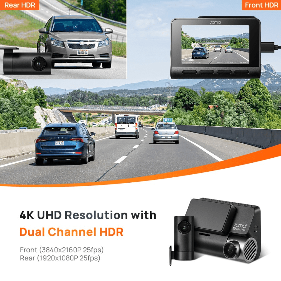 70mai Dash Cam A810 Set Front 4K 2160P Rear HDR 1080P GPS Night Vision – Front+Rear - Gambar 5
