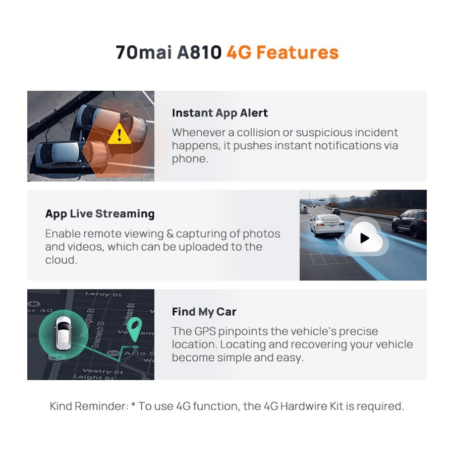 70mai Dash Cam A810 Set Front 4K 2160P Rear HDR 1080P GPS Night Vision – Front+Rear - Gambar 2