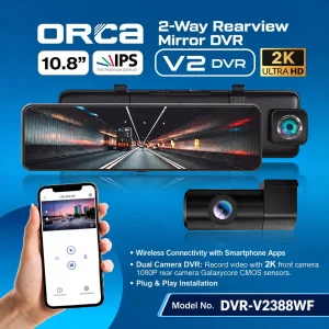 Kamera DVR Mobil 10.88 Inch ORCA V2388WF Dashcam Digital 2K HD Mobile App Playback Front Rear Camera