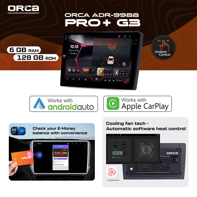 Head Unit Android ORCA PRO+ G3 series RAM 6GB ROM 128GB Gesture Control NFC Reader - Gambar 3