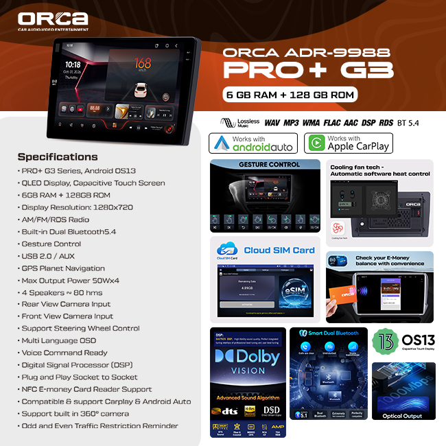 Head Unit Android ORCA PRO+ G3 series RAM 6GB ROM 128GB Gesture Control NFC Reader - Gambar 2