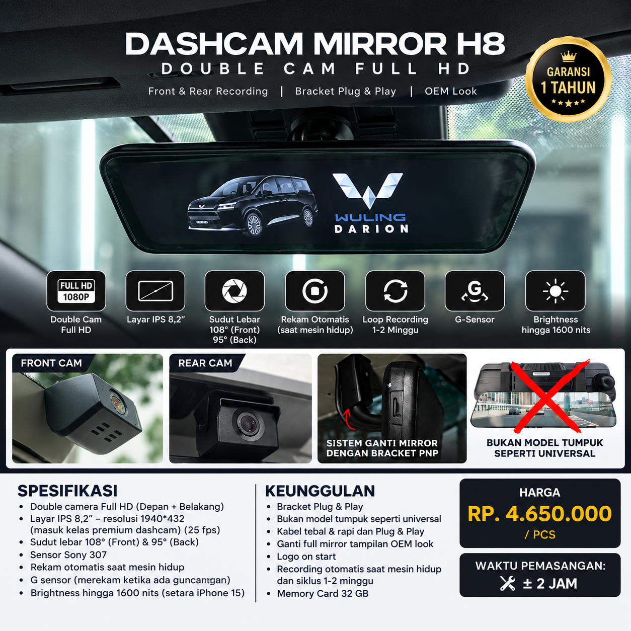 Dash Cam DVR H8 Wuling Darion Kamera 2 Arah Monitor Spion Tengah OEM