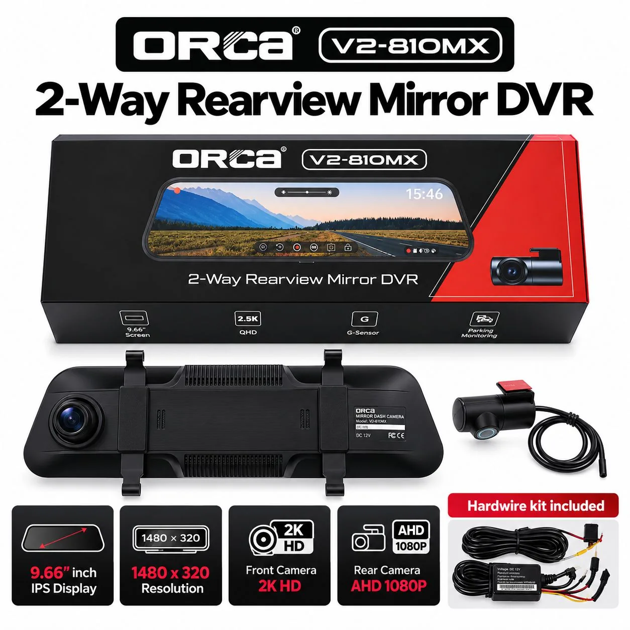 Kamera DVR Mobil 9.66 Inch ORCA V2810MX Dashcam Spion Digital Dual Camera 2 Way Front Rear View 2K HD - Gambar 2