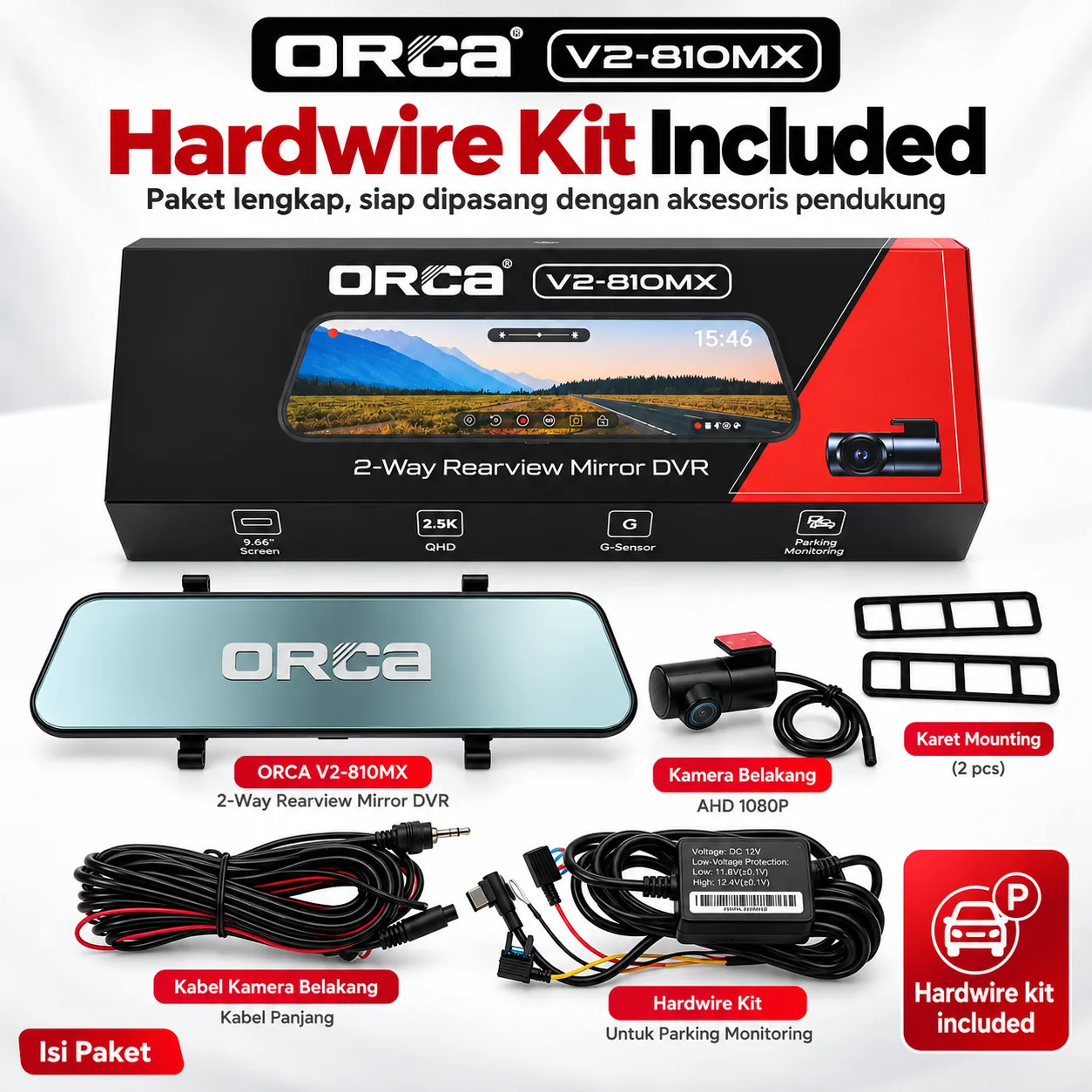 Kamera DVR Mobil 9.66 Inch ORCA V2810MX Dashcam Spion Digital Dual Camera 2 Way Front Rear View 2K HD - Gambar 6