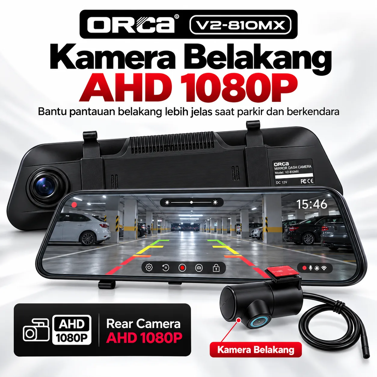 Kamera DVR Mobil 9.66 Inch ORCA V2810MX Dashcam Spion Digital Dual Camera 2 Way Front Rear View 2K HD - Gambar 5