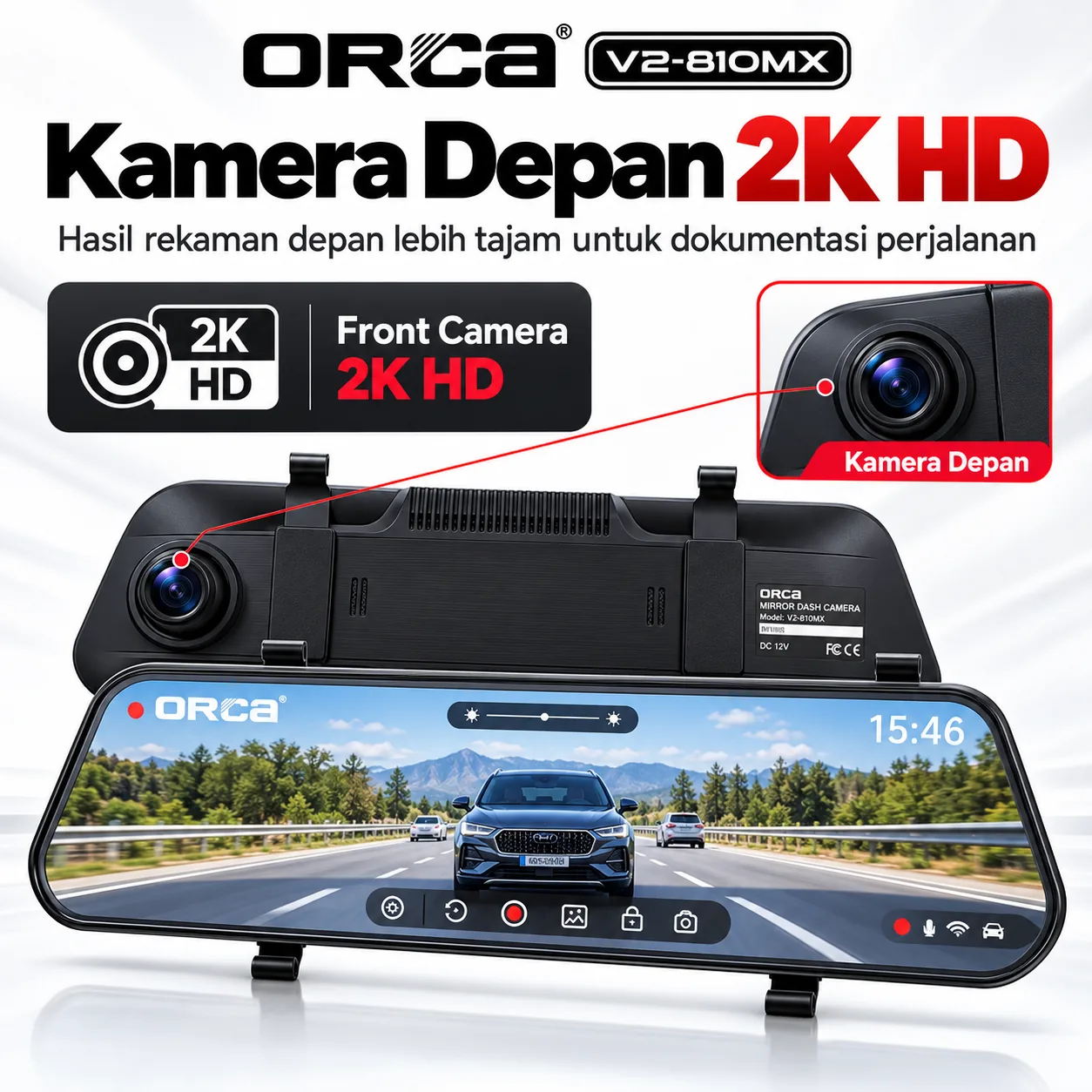 Kamera DVR Mobil 9.66 Inch ORCA V2810MX Dashcam Spion Digital Dual Camera 2 Way Front Rear View 2K HD - Gambar 4