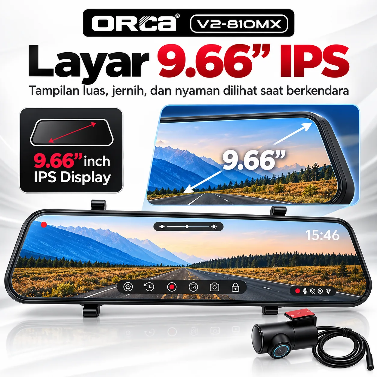 Kamera DVR Mobil 9.66 Inch ORCA V2810MX Dashcam Spion Digital Dual Camera 2 Way Front Rear View 2K HD - Gambar 7